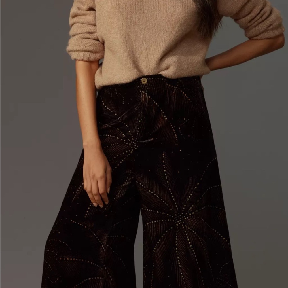 Anthropologie + Farm Rio Wide Leg Velvet Foliage Print Pants NWT - Picture 2 of 5